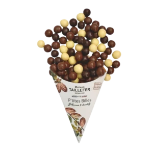 three-chocolate coated cereal balls in a homemade cone - Taillefer