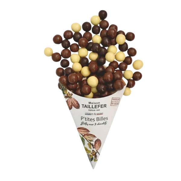 three-chocolate coated cereal balls in a homemade cone - Taillefer