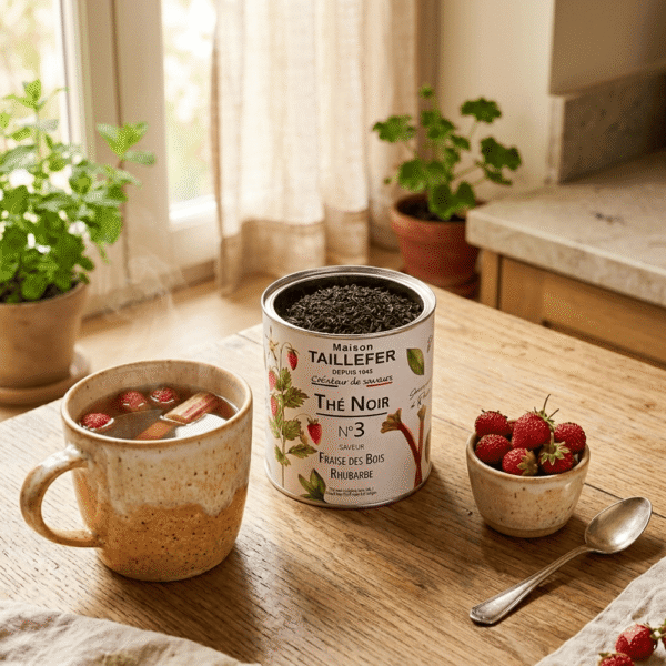 Thé Noir Fraise des Bois Rhubarbe en vrac Maison Taillefer, une invitation à la gourmandise