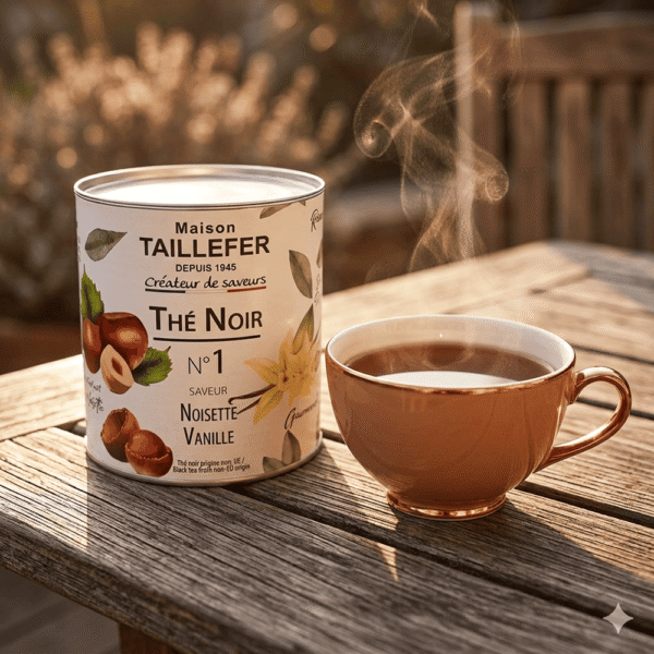 Loose leaf black tea with hazelnut and vanilla, ideal for a cozy break